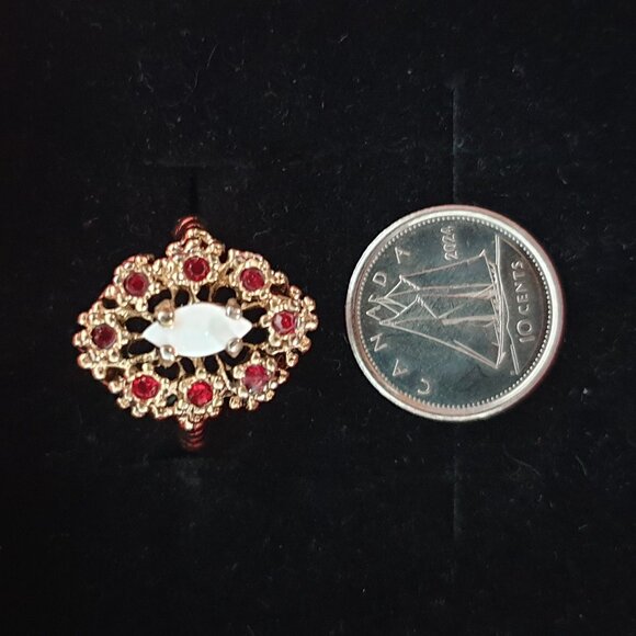 Stunning14K Gold Electroplated Genuine White Opal & Garnet Cocktail Ring - Picture 9 of 13